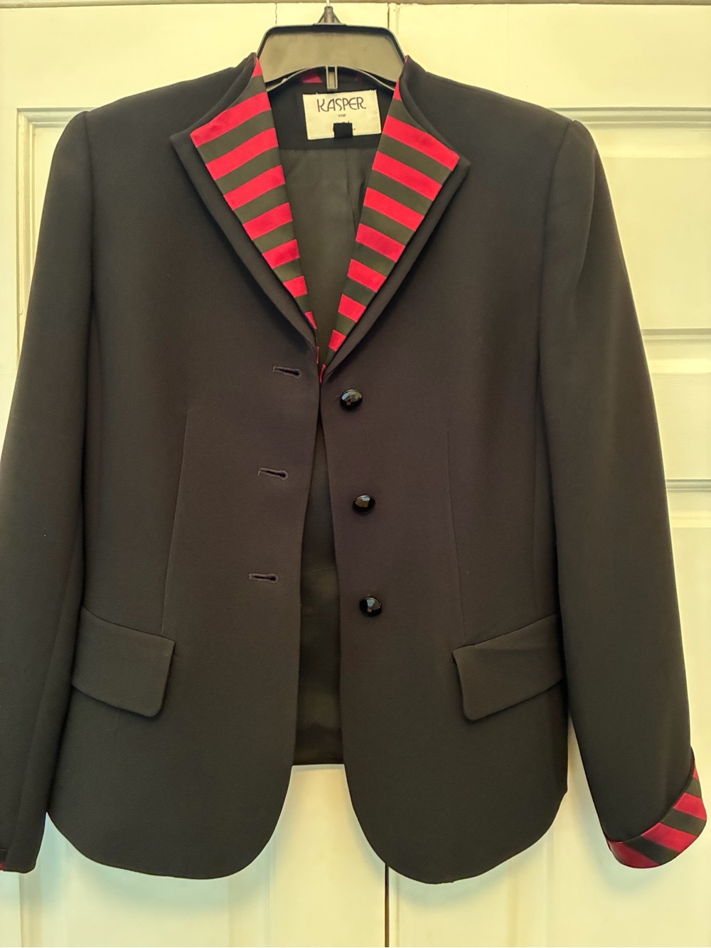 Kasper Black Blazer with Red and Black Stripe Trim